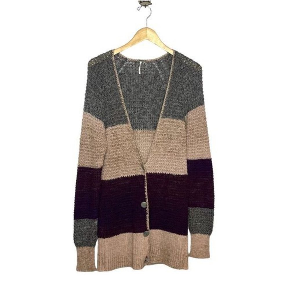 Free People Women’s Medium Deep V Colorblock Cardigan Mohair Blend Chunky Knit